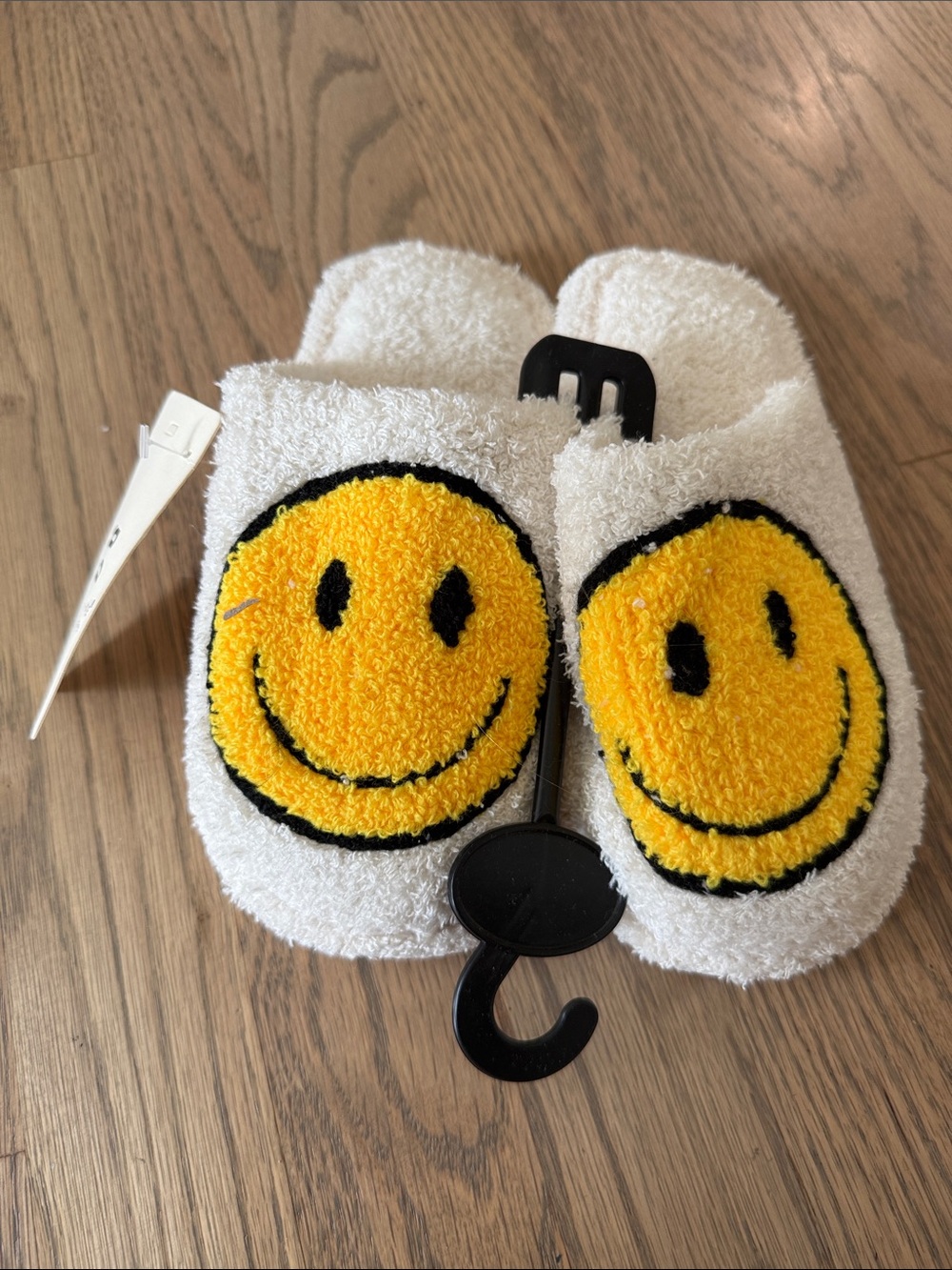 Kids White Terry Slippers with Yellow Smiley Face